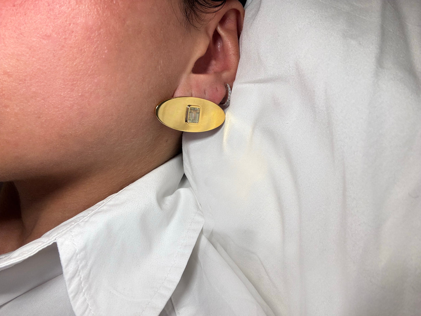 Enve bleu - micha gold oval stud earrings on model