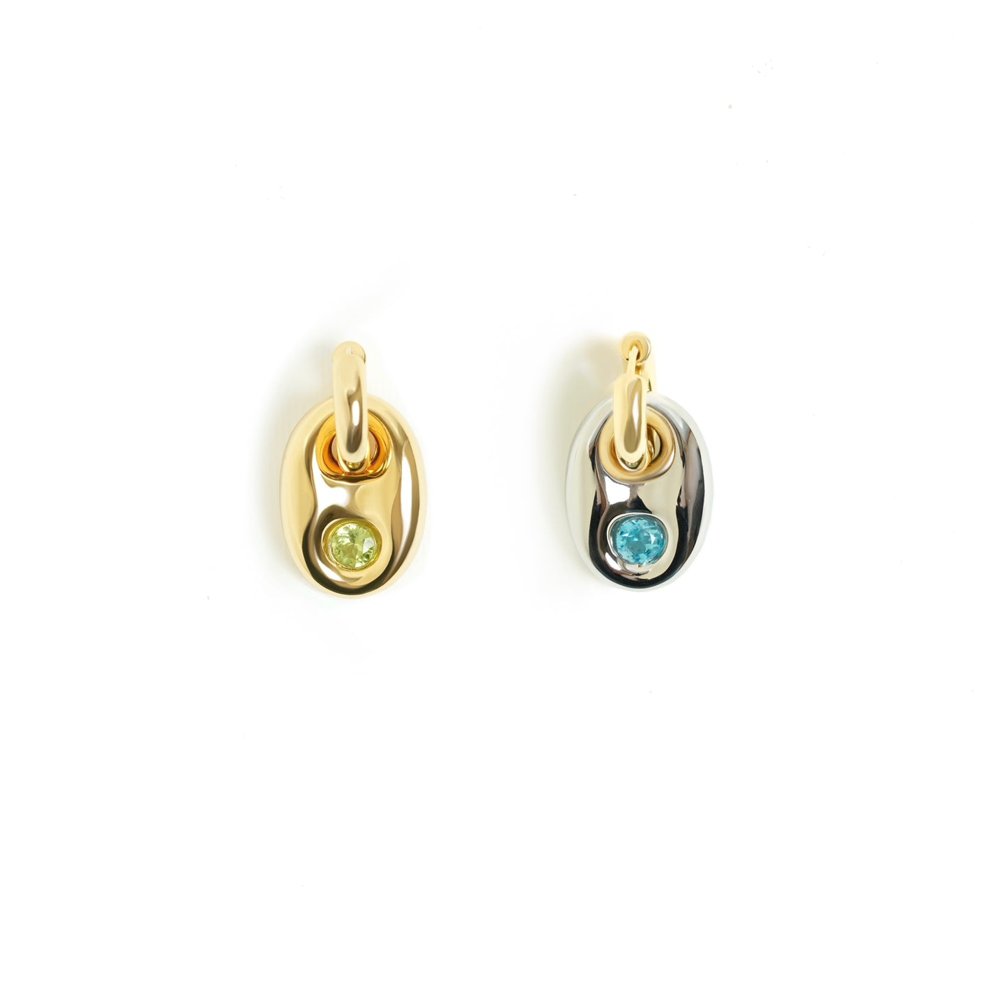 Envé bleu - 18kt gold hoop earrings set with sterling silver coffee bean pendant, one is plated in 18kt 3-micron gold vermeil and round peridot and round swiss blue topaz - modern geometric jewelry for women