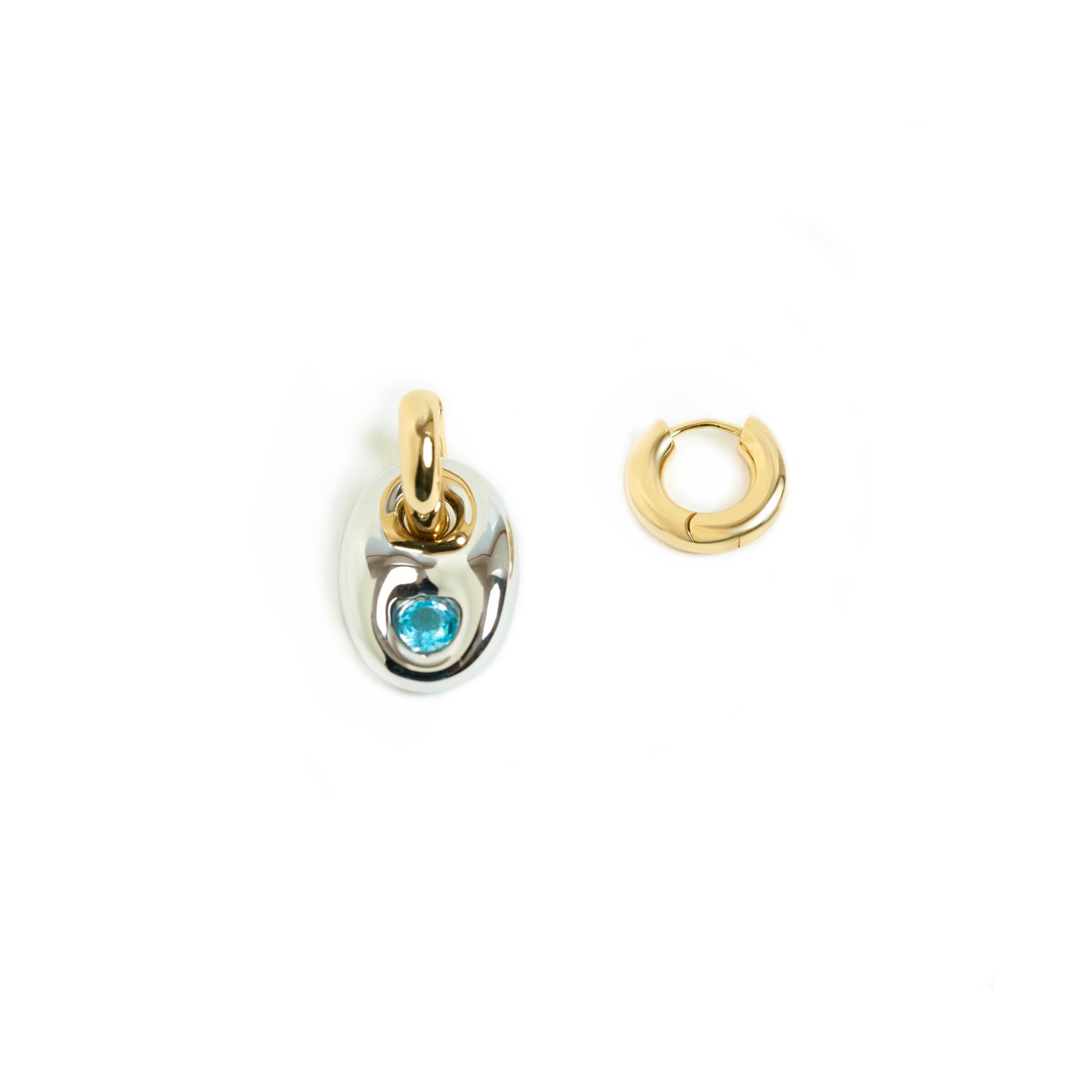 Envé bleu - 18kt gold hoop earrings with sterling silver coffee bean pendant and round swiss blue topaz modern geometric jewelry for women