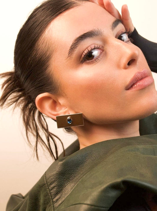 Enve bleu - youra chocolate earrings on model