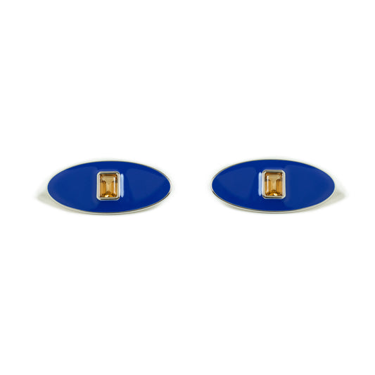Envé bleu - Oval sterling silver stud earrings with blue enamel and golden citrine octagon gemstone - modern geometric jewelry for women