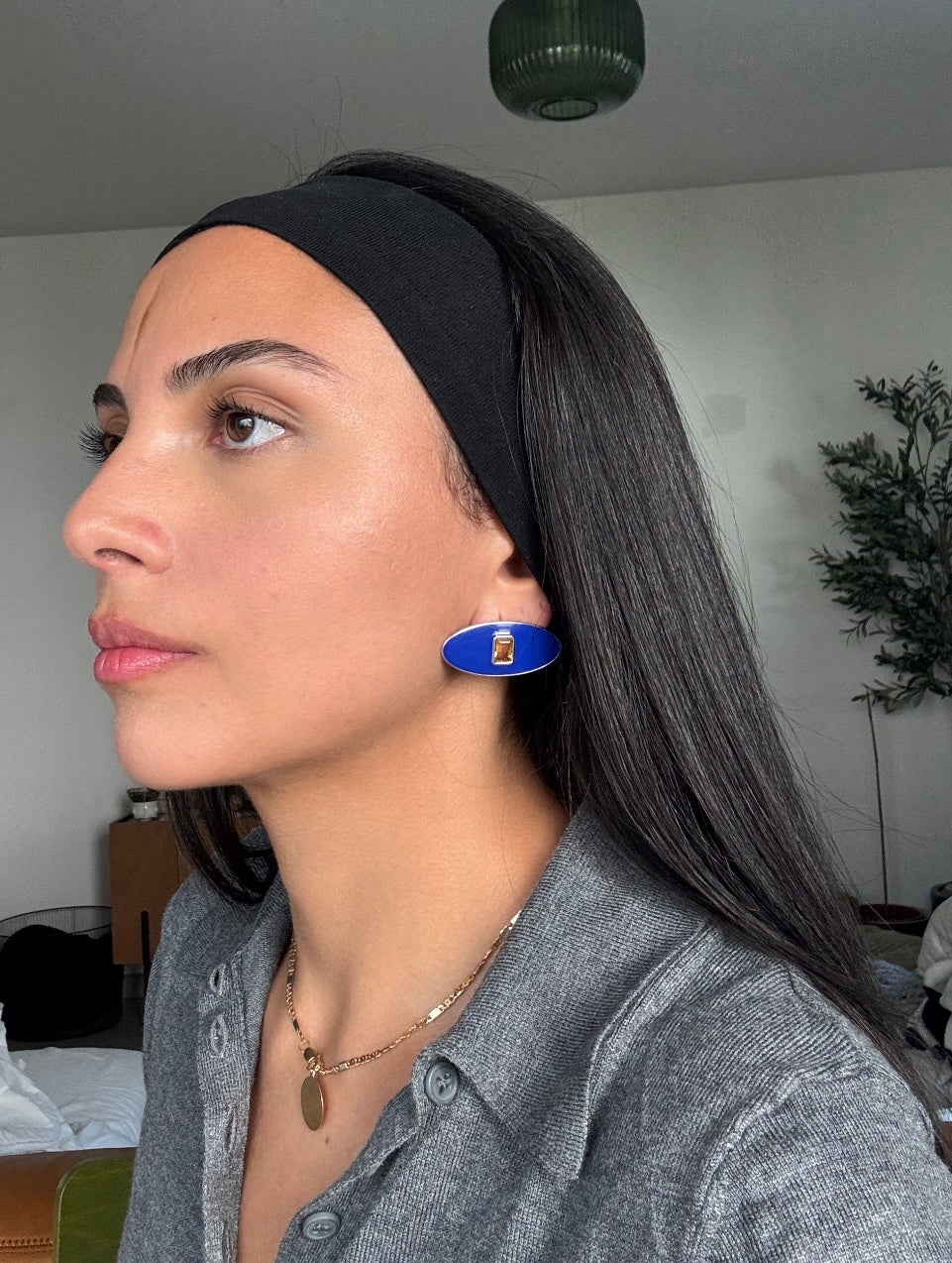 Oval stud earring, silver earring, blue enamel, blue earring, citrine