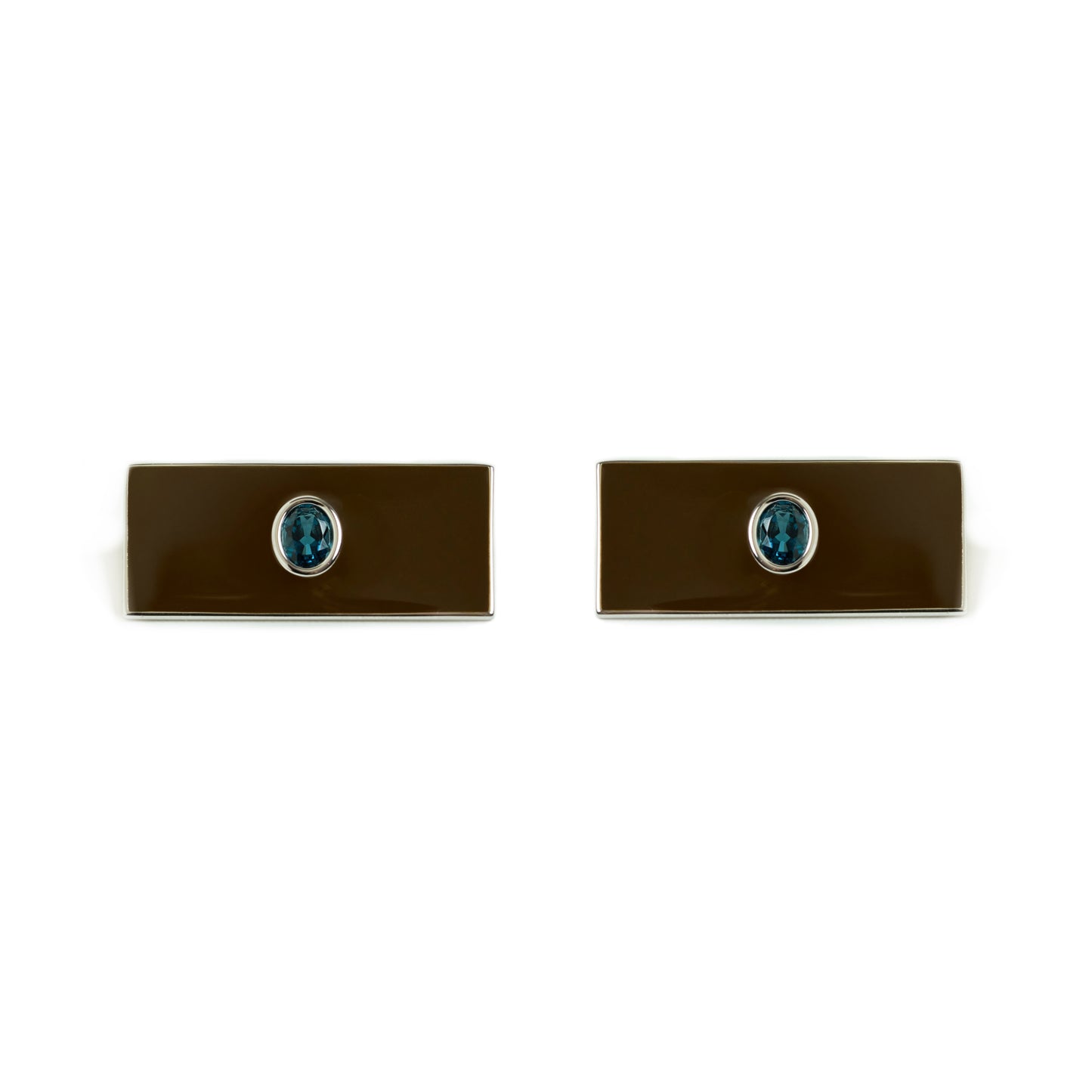 Envé bleu - Rectangle sterling silver stud earrings with chocolate brown enamel and an oval london blue topaz gemstone - modern geometric jewelry for women