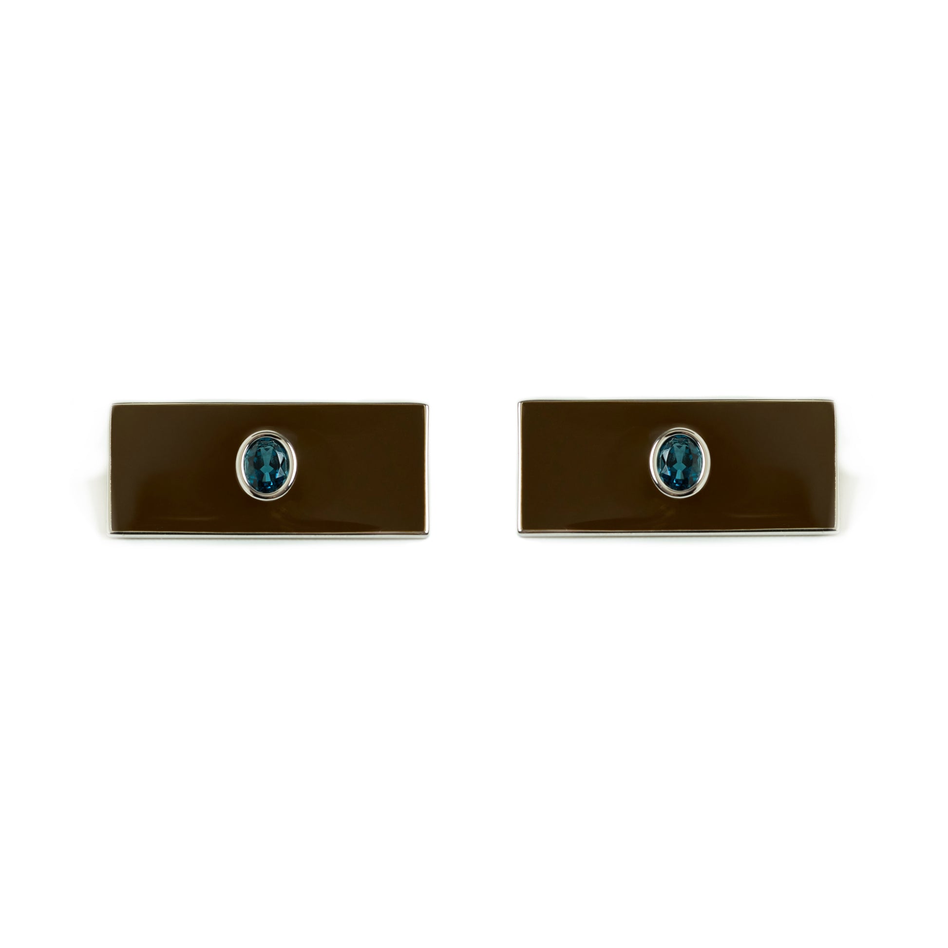 Envé bleu - Rectangle sterling silver stud earrings with chocolate brown enamel and an oval london blue topaz gemstone - modern geometric jewelry for women