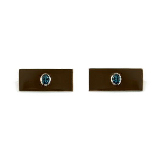 Envé bleu - Rectangle sterling silver stud earrings with chocolate brown enamel and an oval london blue topaz gemstone - modern geometric jewelry for women