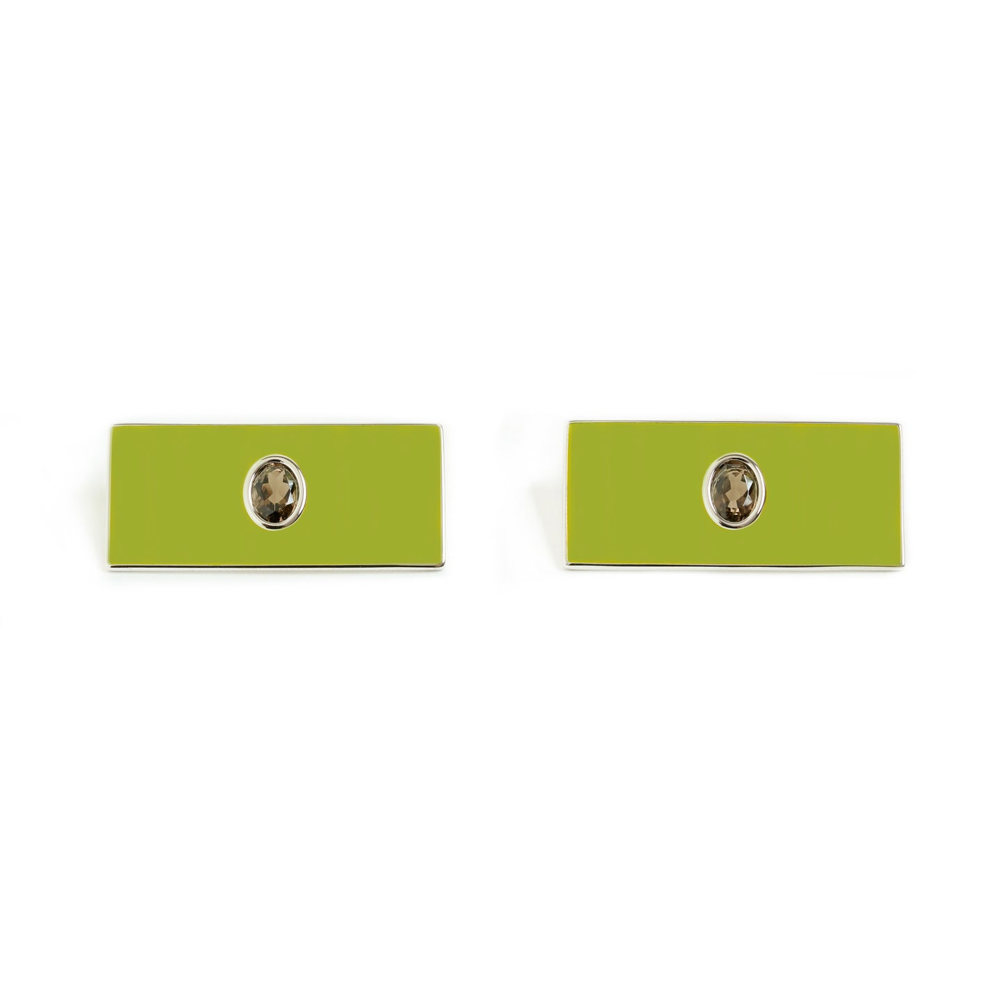 Envé bleu - Rectangle sterling silver earrings with apple green pistachio enamel and an oval smoky quartz gemstone - modern geometric jewelry for women