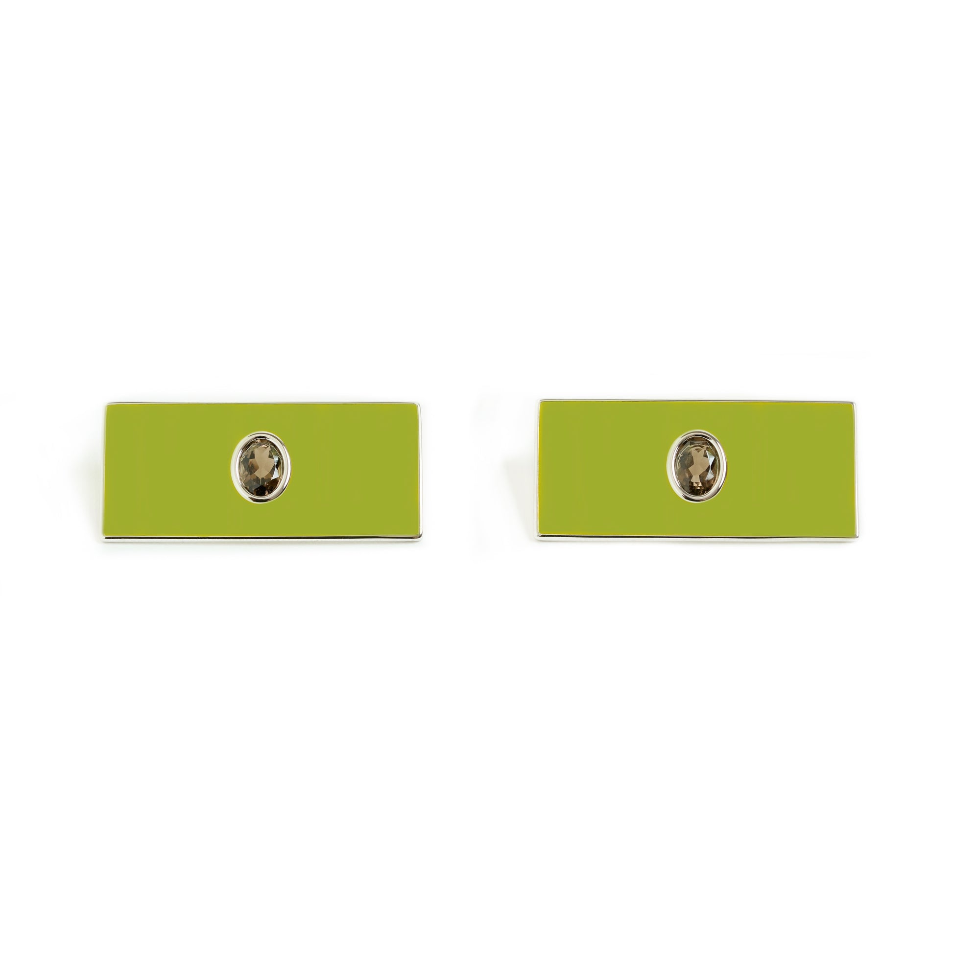 Envé bleu - Rectangle sterling silver earrings with apple green pistachio enamel and an oval smoky quartz gemstone - modern geometric jewelry for women