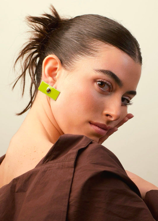 Enve bleu - youra pistachio stud earrings on model