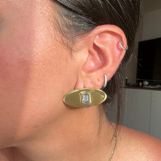 Gold oval stud earring with green amethyst octagon gemstone